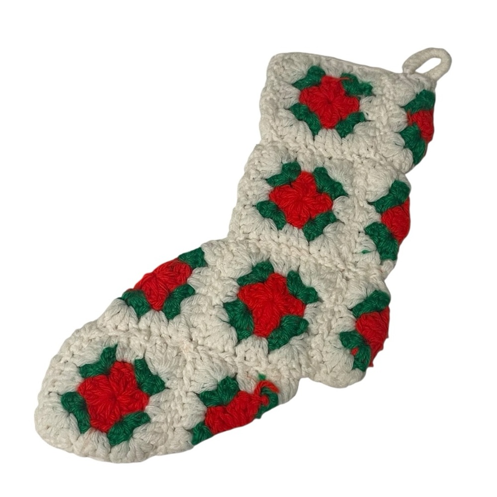 Vintage 1970s Small Child Festive Crochet Stocking - Red, Green, and Cream